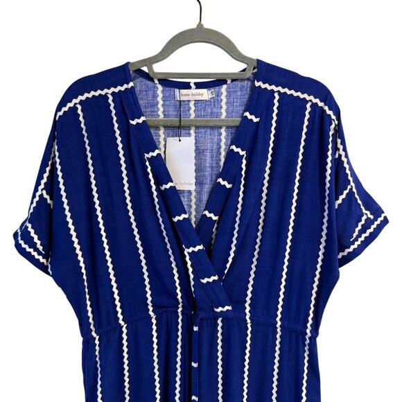 Home Holiday Claude Midi Dress Blue White Zigzag Stripe V-Neck XS Drawstring - Picture 4 of 9